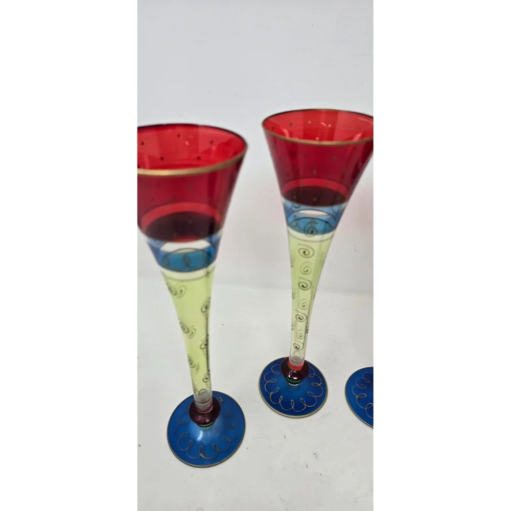 Pier 1 hand painted and blown Champagne flutes Multi Color hollow stem set of‎ 4